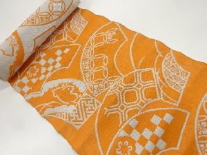 アンティーク　地紙に花鳥・古典柄模様織出し八寸帯地反物